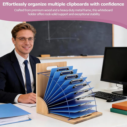 Clipboard Holder - 12 Layer Clipboard Storage Rack, Wooden Clipboards Organizer with Sturdy Metal Shelf for Classroom Office Desk Accessories Essentials Supplies Workshop Teacher Must Haves