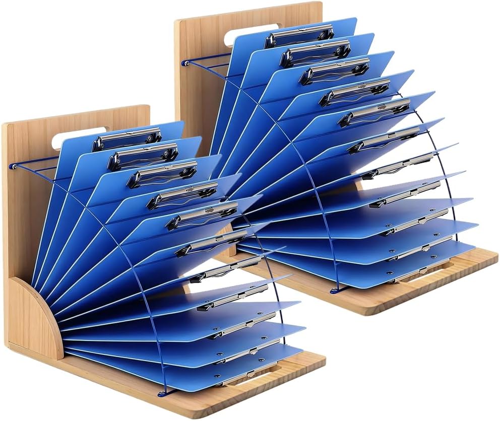 Clipboard Holder - 12 Layer Clipboard Storage Rack, Wooden Clipboards Organizer with Sturdy Metal Shelf for Classroom Office Desk Accessories Essentials Supplies Workshop Teacher Must Haves
