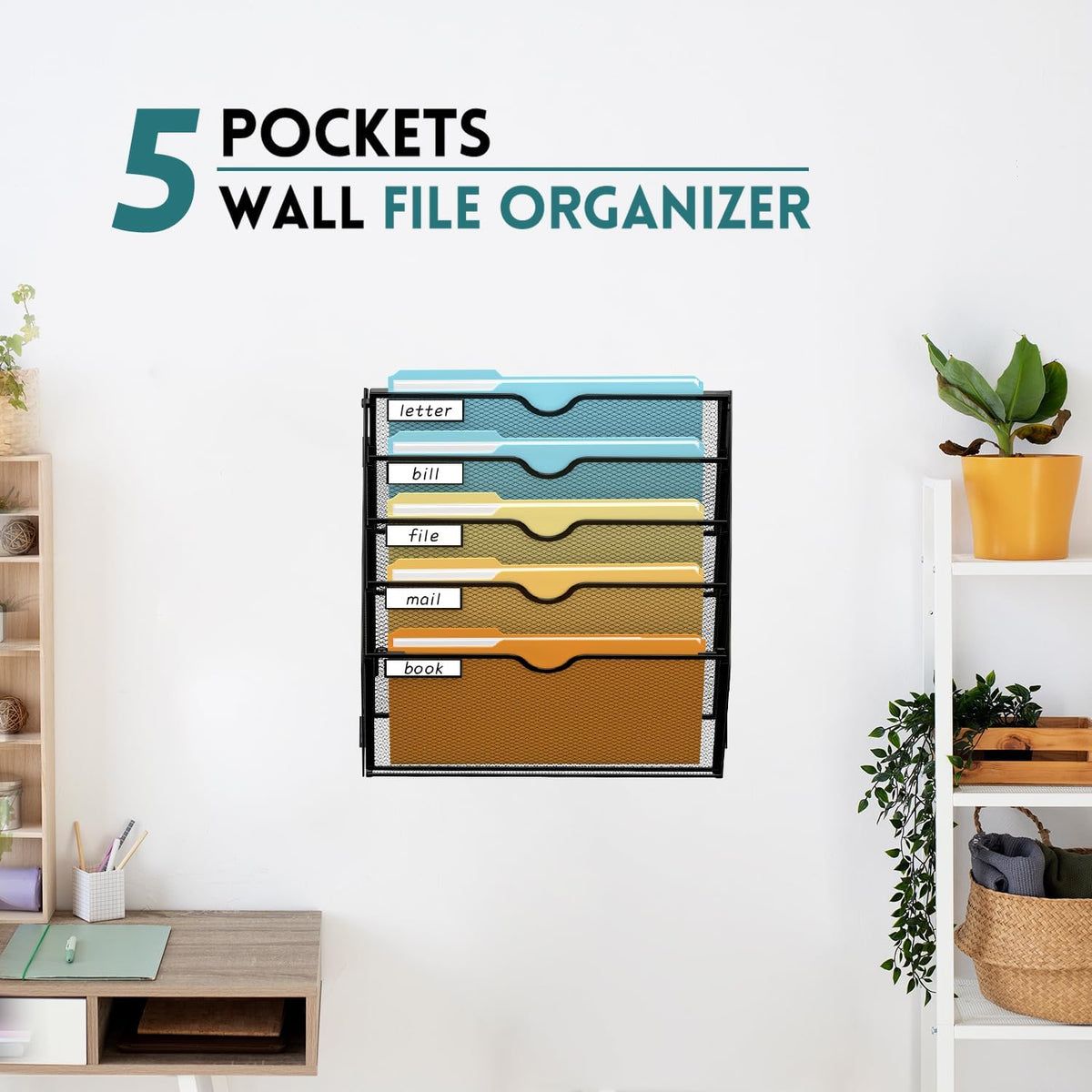 5 Tier Wall File Organizer, Hanging Wall Mounted Mail Organizer with Label Slots, Metal Mesh File Holder Magazine Rack for Office, Home, School or Classroom, Black