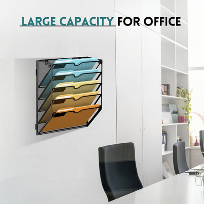 5 Tier Wall File Organizer, Hanging Wall Mounted Mail Organizer with Label Slots, Metal Mesh File Holder Magazine Rack for Office, Home, School or Classroom, Black