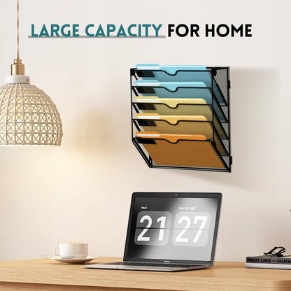 5 Tier Wall File Organizer, Hanging Wall Mounted Mail Organizer with Label Slots, Metal Mesh File Holder Magazine Rack for Office, Home, School or Classroom, Black