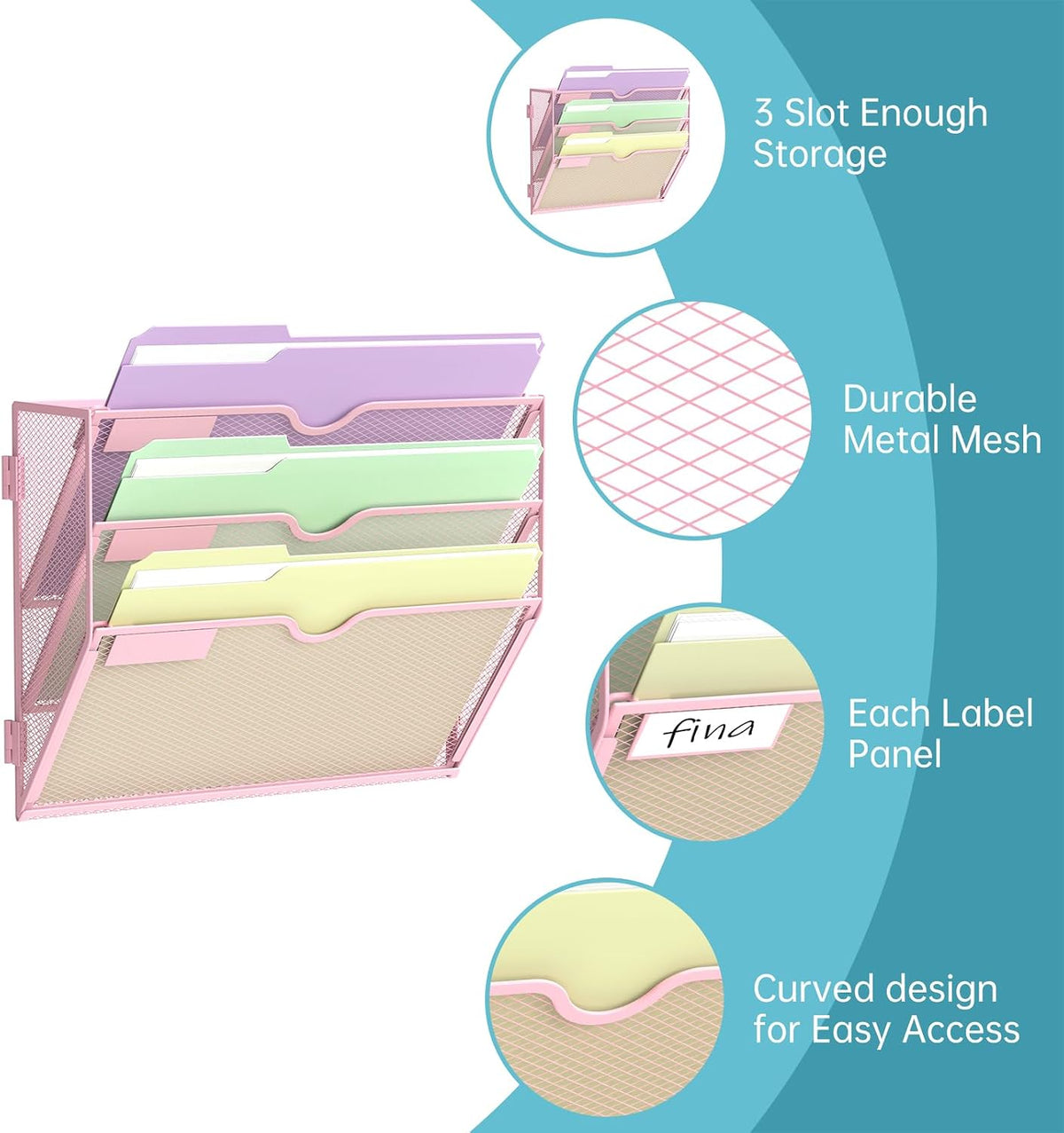 5 Tier Wall File Organizer, Hanging Wall Mounted Mail Organizer with Label Slots, Metal Mesh File Holder Magazine Rack for Office, Home, School or Classroom, Black