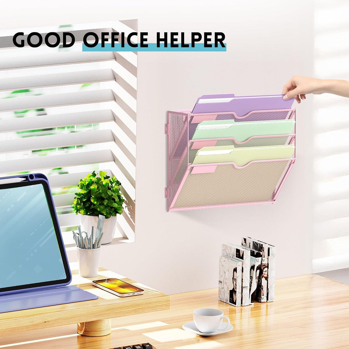 5 Tier Wall File Organizer, Hanging Wall Mounted Mail Organizer with Label Slots, Metal Mesh File Holder Magazine Rack for Office, Home, School or Classroom, Black
