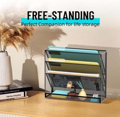 5 Tier Wall File Organizer, Hanging Wall Mounted Mail Organizer with Label Slots, Metal Mesh File Holder Magazine Rack for Office, Home, School or Classroom, Black