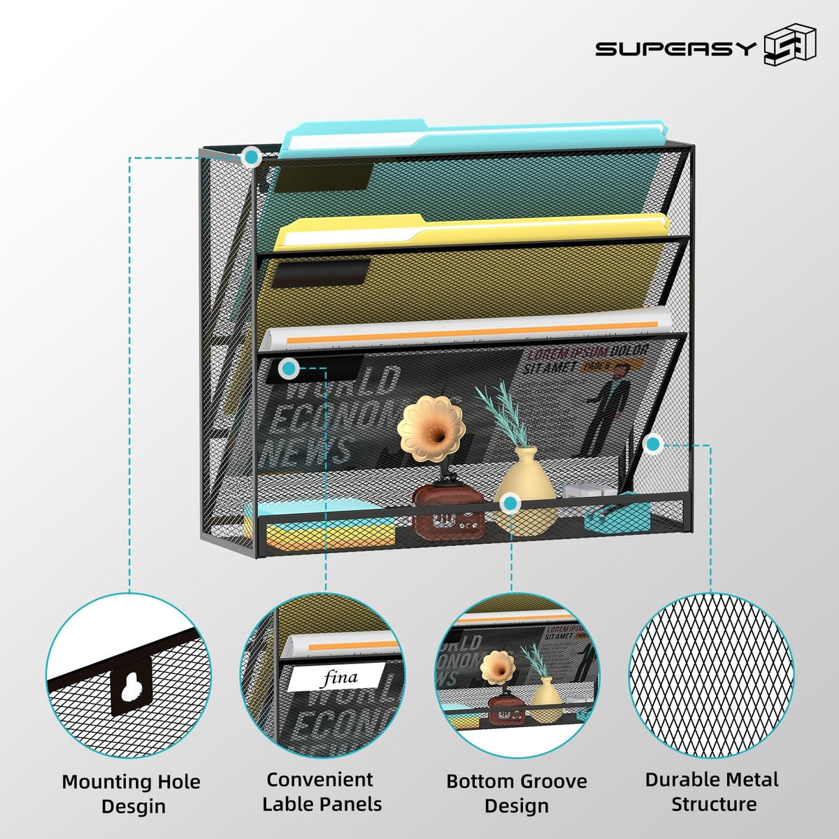 5 Tier Wall File Organizer, Hanging Wall Mounted Mail Organizer with Label Slots, Metal Mesh File Holder Magazine Rack for Office, Home, School or Classroom, Black