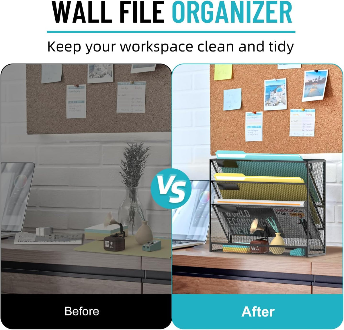 5 Tier Wall File Organizer, Hanging Wall Mounted Mail Organizer with Label Slots, Metal Mesh File Holder Magazine Rack for Office, Home, School or Classroom, Black