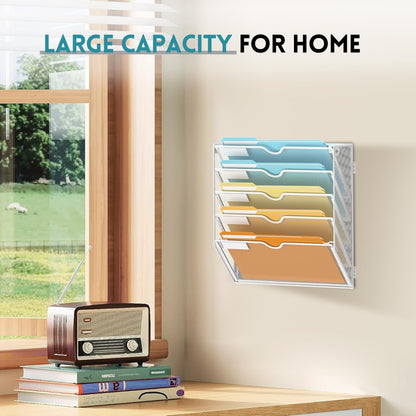 5 Tier Wall File Organizer, Hanging Wall Mounted Mail Organizer with Label Slots, Metal Mesh File Holder Magazine Rack for Office, Home, School or Classroom, Black
