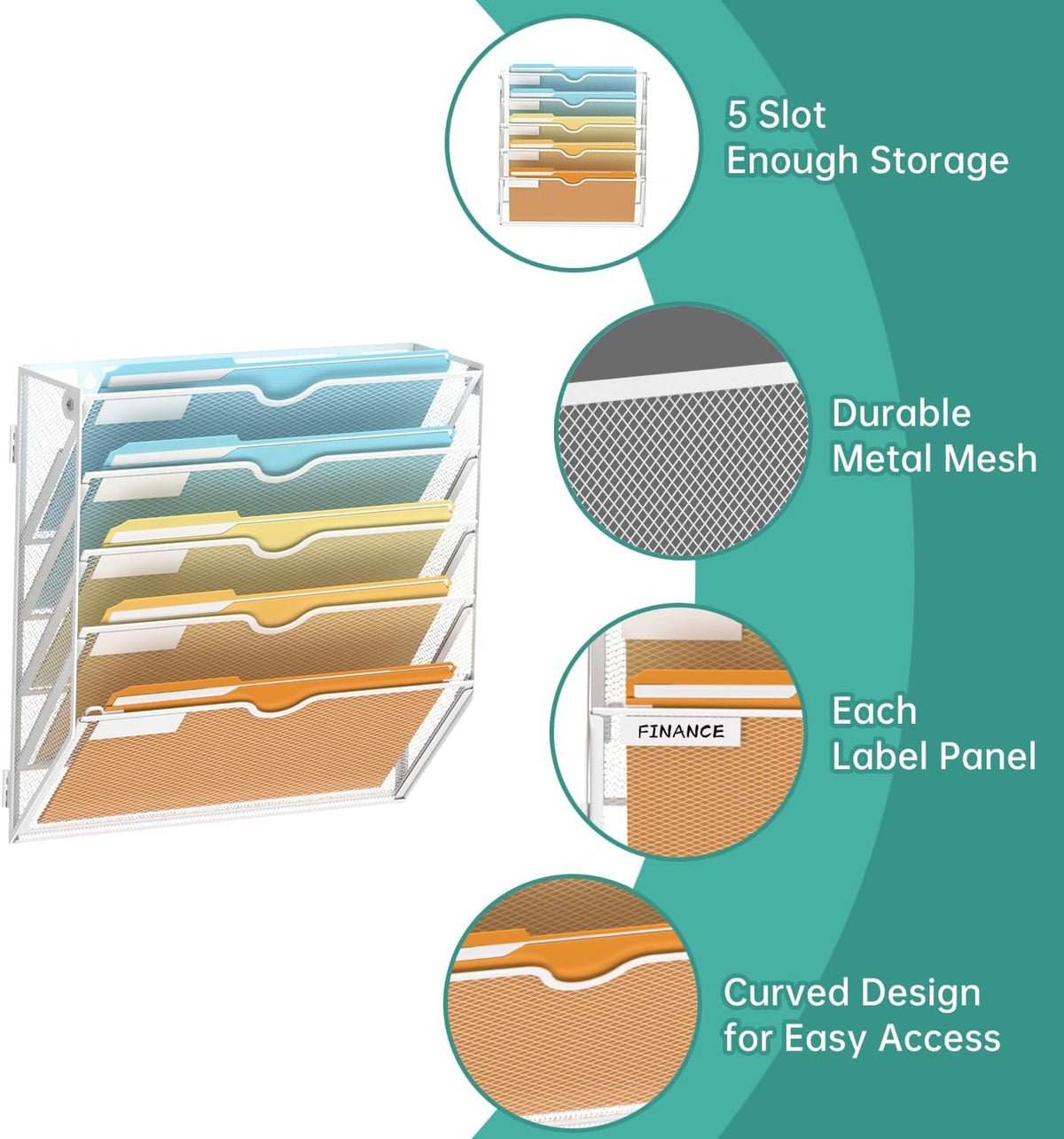 5 Tier Wall File Organizer, Hanging Wall Mounted Mail Organizer with Label Slots, Metal Mesh File Holder Magazine Rack for Office, Home, School or Classroom, Black