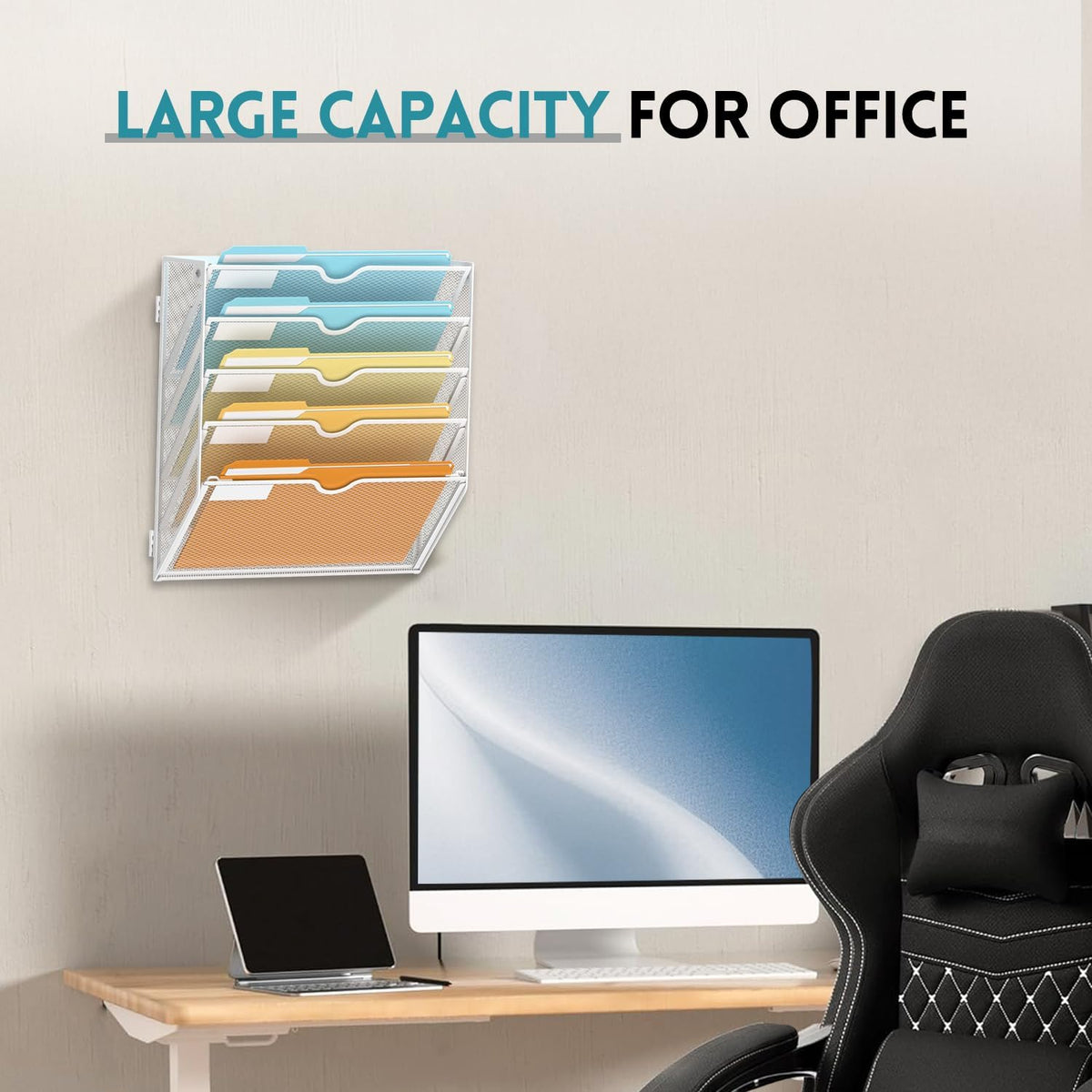 5 Tier Wall File Organizer, Hanging Wall Mounted Mail Organizer with Label Slots, Metal Mesh File Holder Magazine Rack for Office, Home, School or Classroom, Black