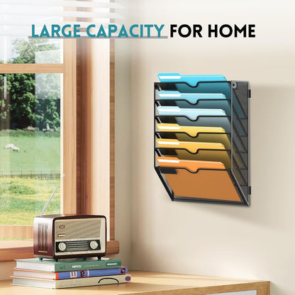 5 Tier Wall File Organizer, Hanging Wall Mounted Mail Organizer with Label Slots, Metal Mesh File Holder Magazine Rack for Office, Home, School or Classroom, Black