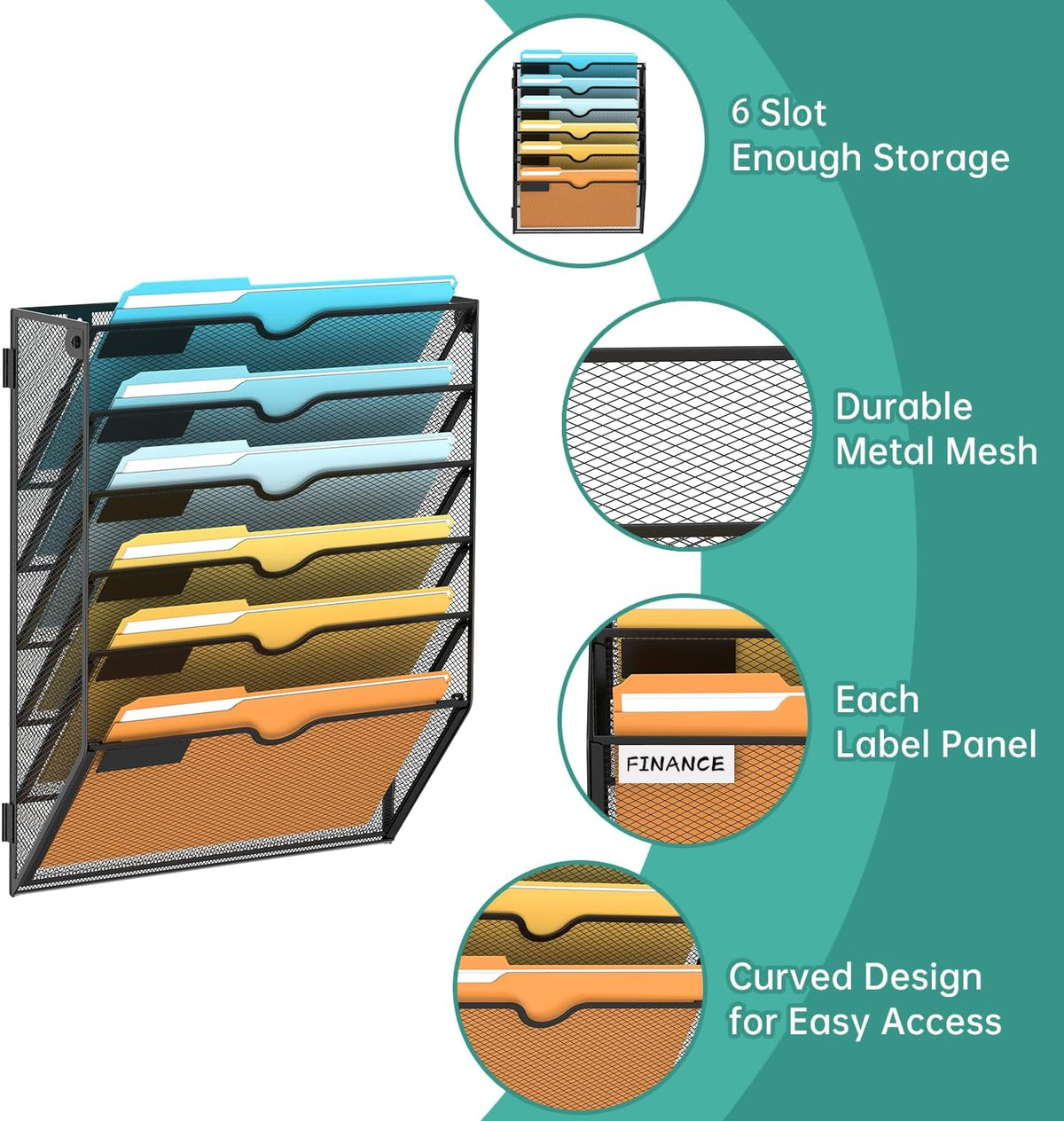 5 Tier Wall File Organizer, Hanging Wall Mounted Mail Organizer with Label Slots, Metal Mesh File Holder Magazine Rack for Office, Home, School or Classroom, Black