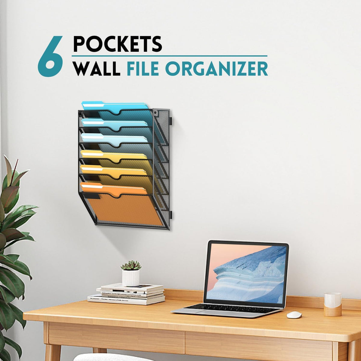 5 Tier Wall File Organizer, Hanging Wall Mounted Mail Organizer with Label Slots, Metal Mesh File Holder Magazine Rack for Office, Home, School or Classroom, Black