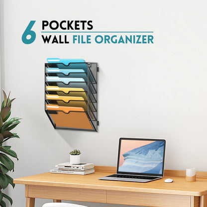 5 Tier Wall File Organizer, Hanging Wall Mounted Mail Organizer with Label Slots, Metal Mesh File Holder Magazine Rack for Office, Home, School or Classroom, Black