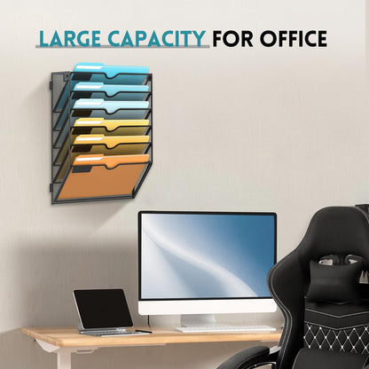 5 Tier Wall File Organizer, Hanging Wall Mounted Mail Organizer with Label Slots, Metal Mesh File Holder Magazine Rack for Office, Home, School or Classroom, Black
