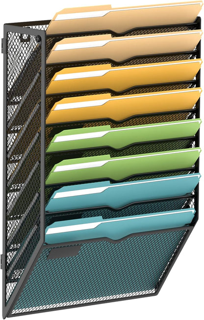 5 Tier Wall File Organizer, Hanging Wall Mounted Mail Organizer with Label Slots, Metal Mesh File Holder Magazine Rack for Office, Home, School or Classroom, Black