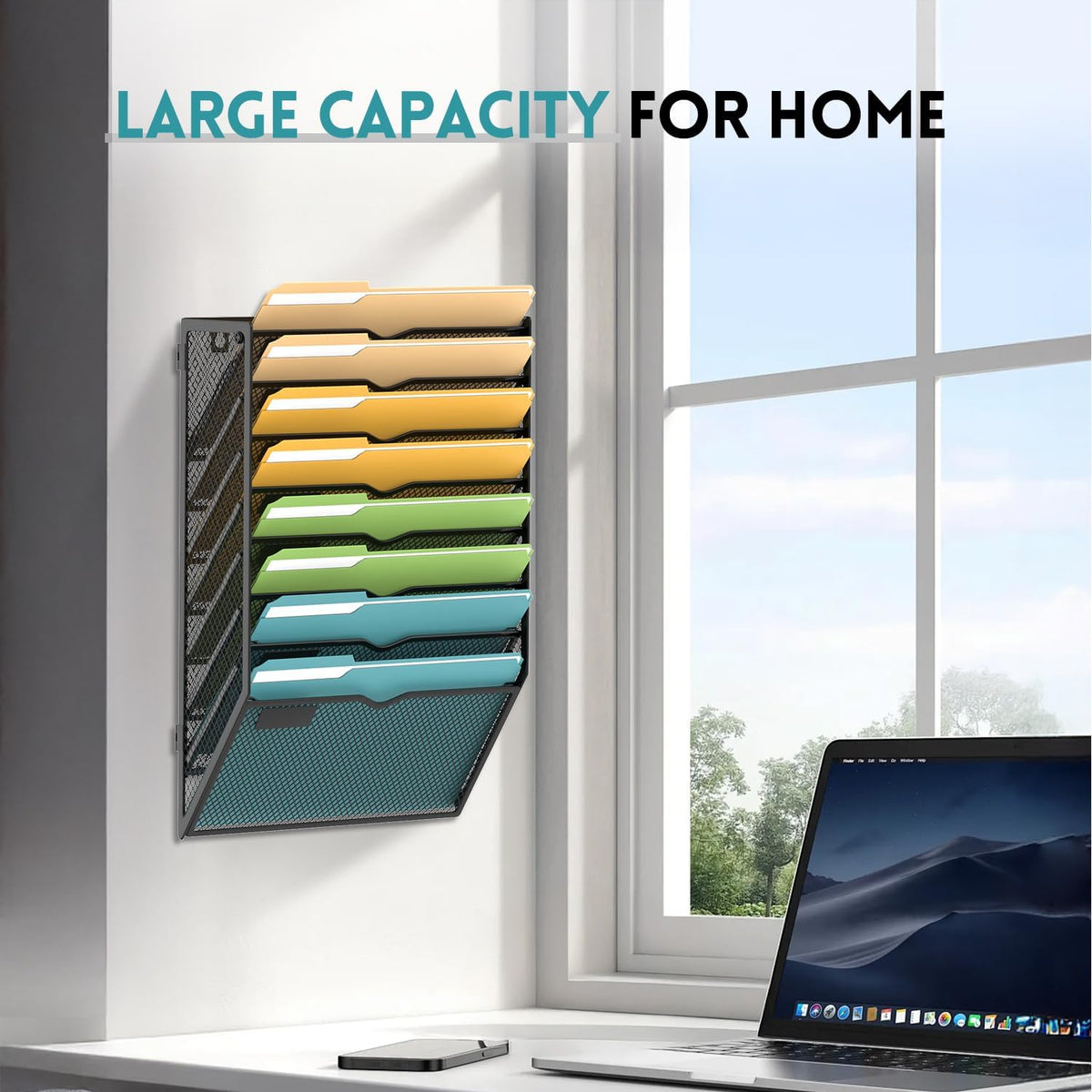 5 Tier Wall File Organizer, Hanging Wall Mounted Mail Organizer with Label Slots, Metal Mesh File Holder Magazine Rack for Office, Home, School or Classroom, Black