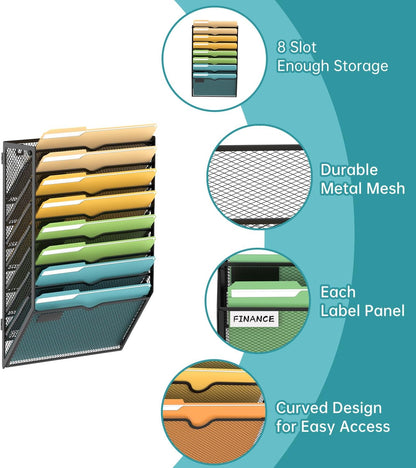 5 Tier Wall File Organizer, Hanging Wall Mounted Mail Organizer with Label Slots, Metal Mesh File Holder Magazine Rack for Office, Home, School or Classroom, Black
