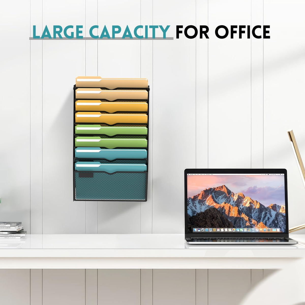 5 Tier Wall File Organizer, Hanging Wall Mounted Mail Organizer with Label Slots, Metal Mesh File Holder Magazine Rack for Office, Home, School or Classroom, Black