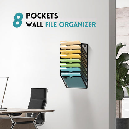 5 Tier Wall File Organizer, Hanging Wall Mounted Mail Organizer with Label Slots, Metal Mesh File Holder Magazine Rack for Office, Home, School or Classroom, Black