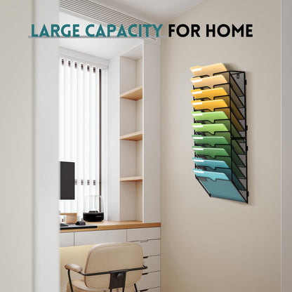 5 Tier Wall File Organizer, Hanging Wall Mounted Mail Organizer with Label Slots, Metal Mesh File Holder Magazine Rack for Office, Home, School or Classroom, Black