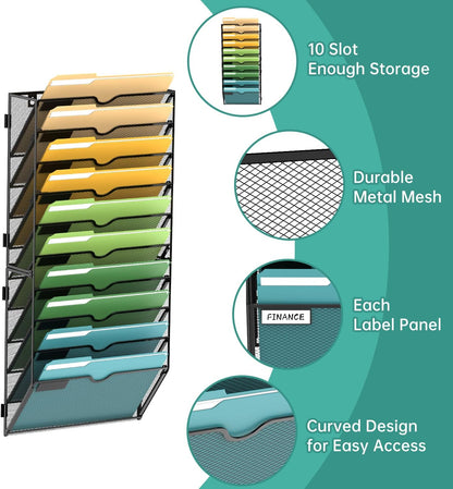 5 Tier Wall File Organizer, Hanging Wall Mounted Mail Organizer with Label Slots, Metal Mesh File Holder Magazine Rack for Office, Home, School or Classroom, Black