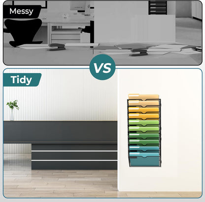 5 Tier Wall File Organizer, Hanging Wall Mounted Mail Organizer with Label Slots, Metal Mesh File Holder Magazine Rack for Office, Home, School or Classroom, Black