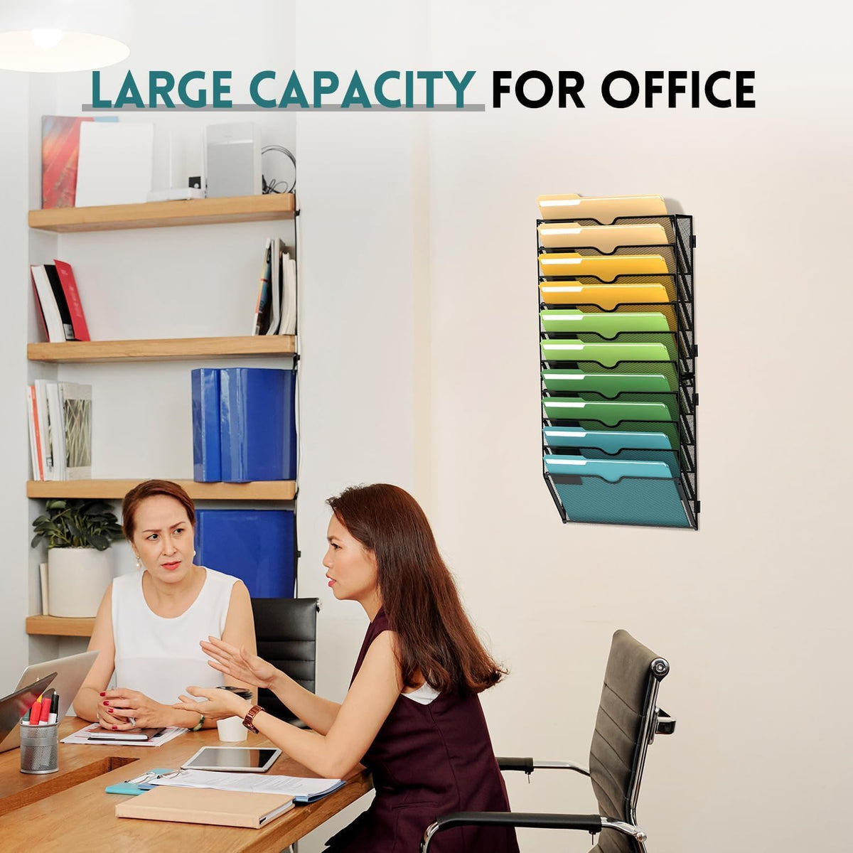 5 Tier Wall File Organizer, Hanging Wall Mounted Mail Organizer with Label Slots, Metal Mesh File Holder Magazine Rack for Office, Home, School or Classroom, Black