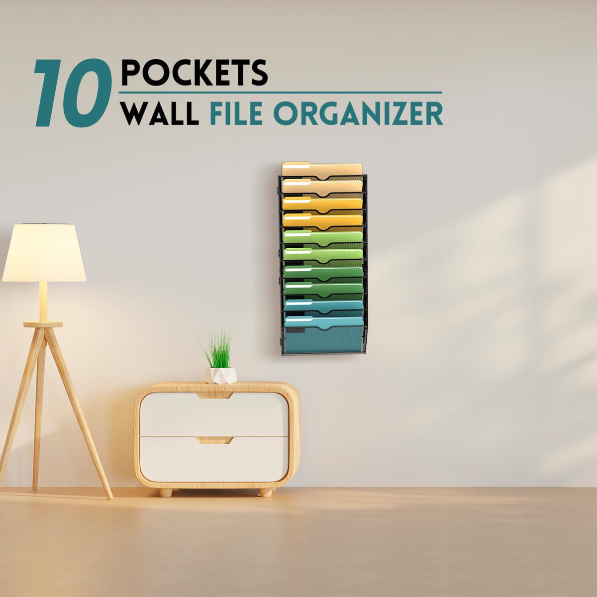 5 Tier Wall File Organizer, Hanging Wall Mounted Mail Organizer with Label Slots, Metal Mesh File Holder Magazine Rack for Office, Home, School or Classroom, Black