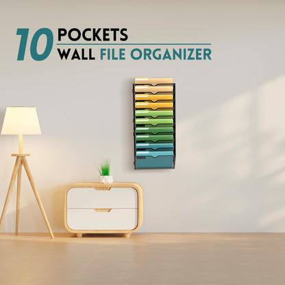 5 Tier Wall File Organizer, Hanging Wall Mounted Mail Organizer with Label Slots, Metal Mesh File Holder Magazine Rack for Office, Home, School or Classroom, Black