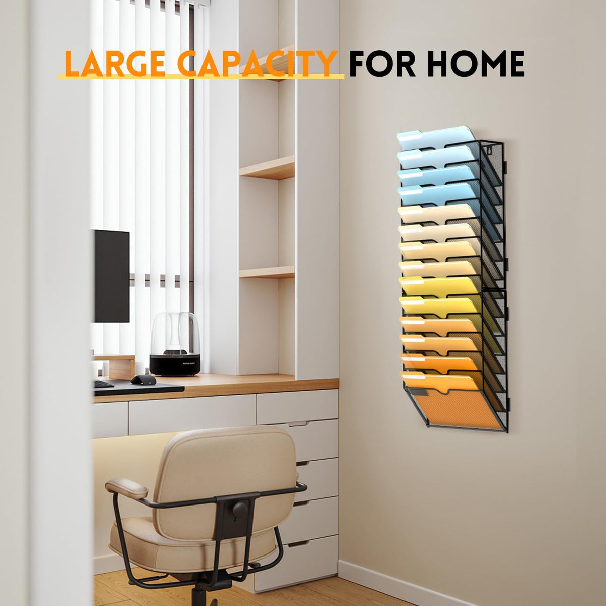 5 Tier Wall File Organizer, Hanging Wall Mounted Mail Organizer with Label Slots, Metal Mesh File Holder Magazine Rack for Office, Home, School or Classroom, Black