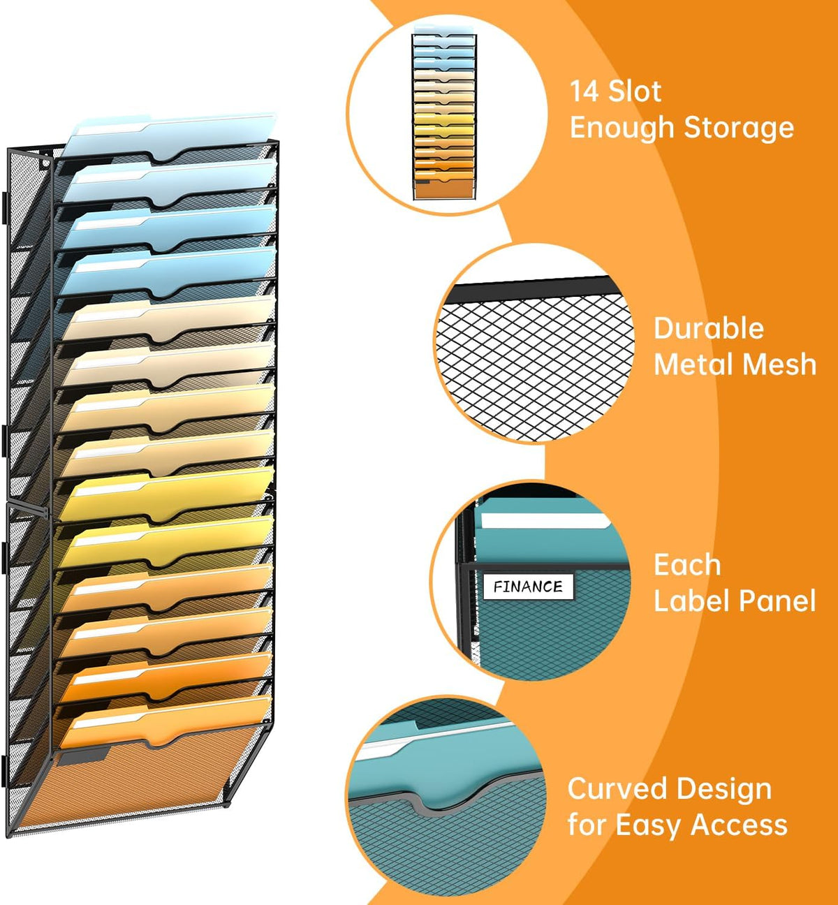 5 Tier Wall File Organizer, Hanging Wall Mounted Mail Organizer with Label Slots, Metal Mesh File Holder Magazine Rack for Office, Home, School or Classroom, Black