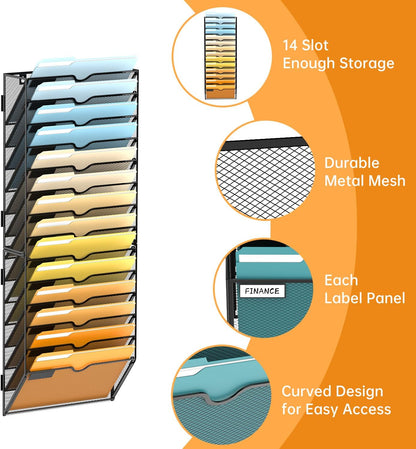 5 Tier Wall File Organizer, Hanging Wall Mounted Mail Organizer with Label Slots, Metal Mesh File Holder Magazine Rack for Office, Home, School or Classroom, Black