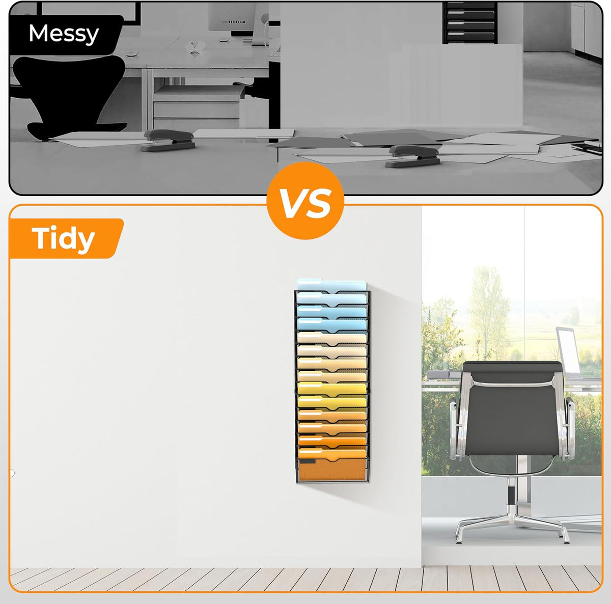 5 Tier Wall File Organizer, Hanging Wall Mounted Mail Organizer with Label Slots, Metal Mesh File Holder Magazine Rack for Office, Home, School or Classroom, Black