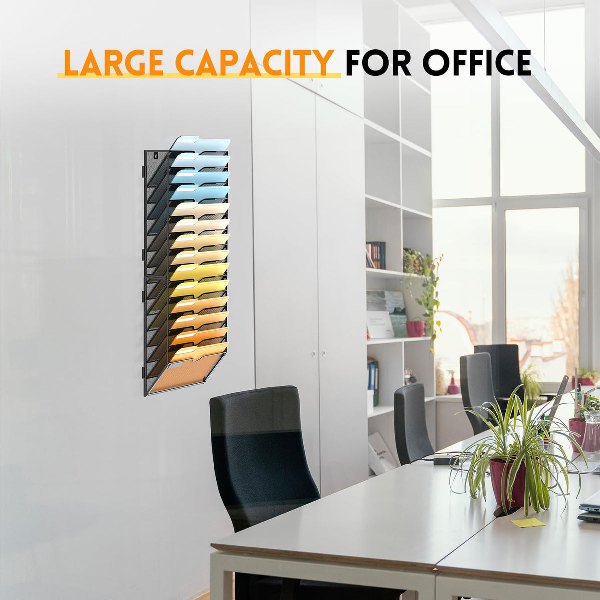 5 Tier Wall File Organizer, Hanging Wall Mounted Mail Organizer with Label Slots, Metal Mesh File Holder Magazine Rack for Office, Home, School or Classroom, Black