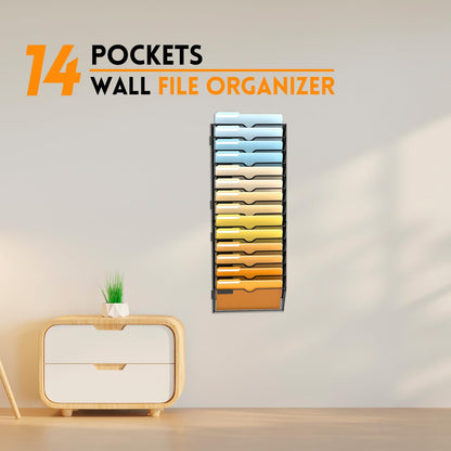 5 Tier Wall File Organizer, Hanging Wall Mounted Mail Organizer with Label Slots, Metal Mesh File Holder Magazine Rack for Office, Home, School or Classroom, Black