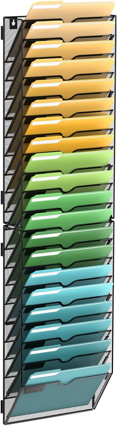 5 Tier Wall File Organizer, Hanging Wall Mounted Mail Organizer with Label Slots, Metal Mesh File Holder Magazine Rack for Office, Home, School or Classroom, Black