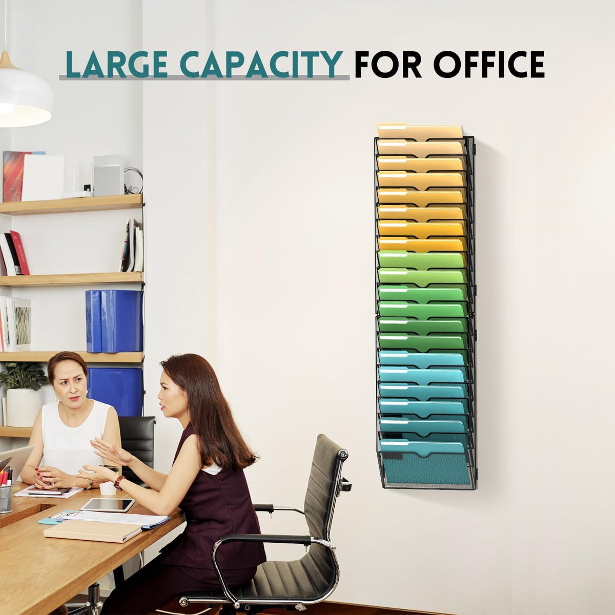 5 Tier Wall File Organizer, Hanging Wall Mounted Mail Organizer with Label Slots, Metal Mesh File Holder Magazine Rack for Office, Home, School or Classroom, Black