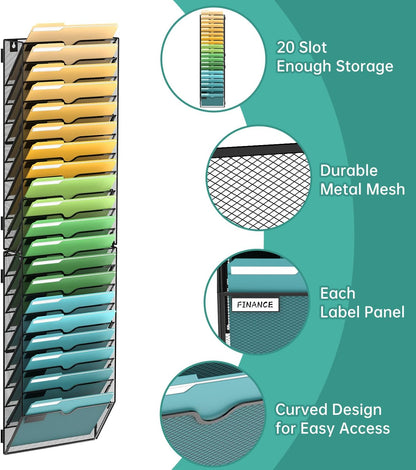 5 Tier Wall File Organizer, Hanging Wall Mounted Mail Organizer with Label Slots, Metal Mesh File Holder Magazine Rack for Office, Home, School or Classroom, Black