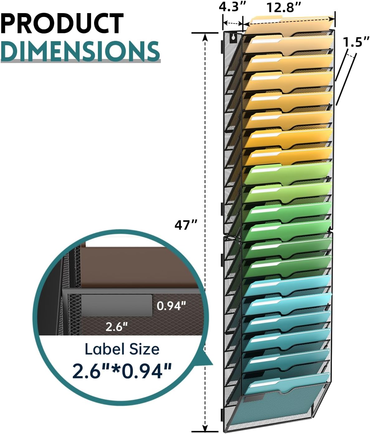 5 Tier Wall File Organizer, Hanging Wall Mounted Mail Organizer with Label Slots, Metal Mesh File Holder Magazine Rack for Office, Home, School or Classroom, Black