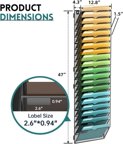 5 Tier Wall File Organizer, Hanging Wall Mounted Mail Organizer with Label Slots, Metal Mesh File Holder Magazine Rack for Office, Home, School or Classroom, Black