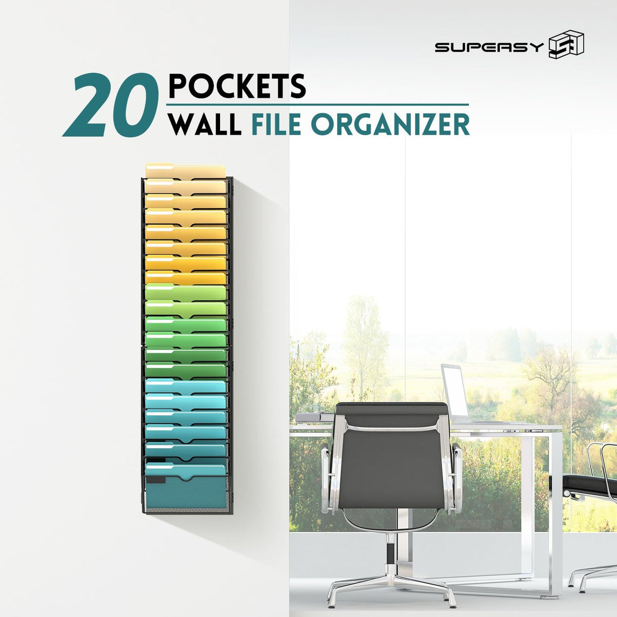 5 Tier Wall File Organizer, Hanging Wall Mounted Mail Organizer with Label Slots, Metal Mesh File Holder Magazine Rack for Office, Home, School or Classroom, Black