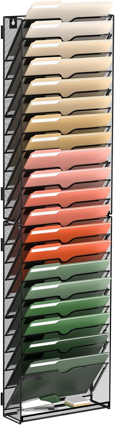 5 Tier Wall File Organizer, Hanging Wall Mounted Mail Organizer with Label Slots, Metal Mesh File Holder Magazine Rack for Office, Home, School or Classroom, Black