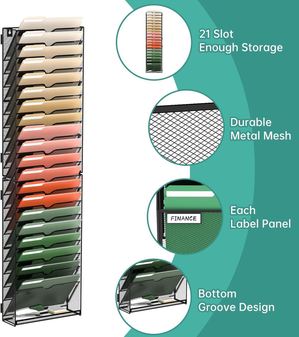 5 Tier Wall File Organizer, Hanging Wall Mounted Mail Organizer with Label Slots, Metal Mesh File Holder Magazine Rack for Office, Home, School or Classroom, Black