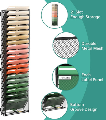 5 Tier Wall File Organizer, Hanging Wall Mounted Mail Organizer with Label Slots, Metal Mesh File Holder Magazine Rack for Office, Home, School or Classroom, Black