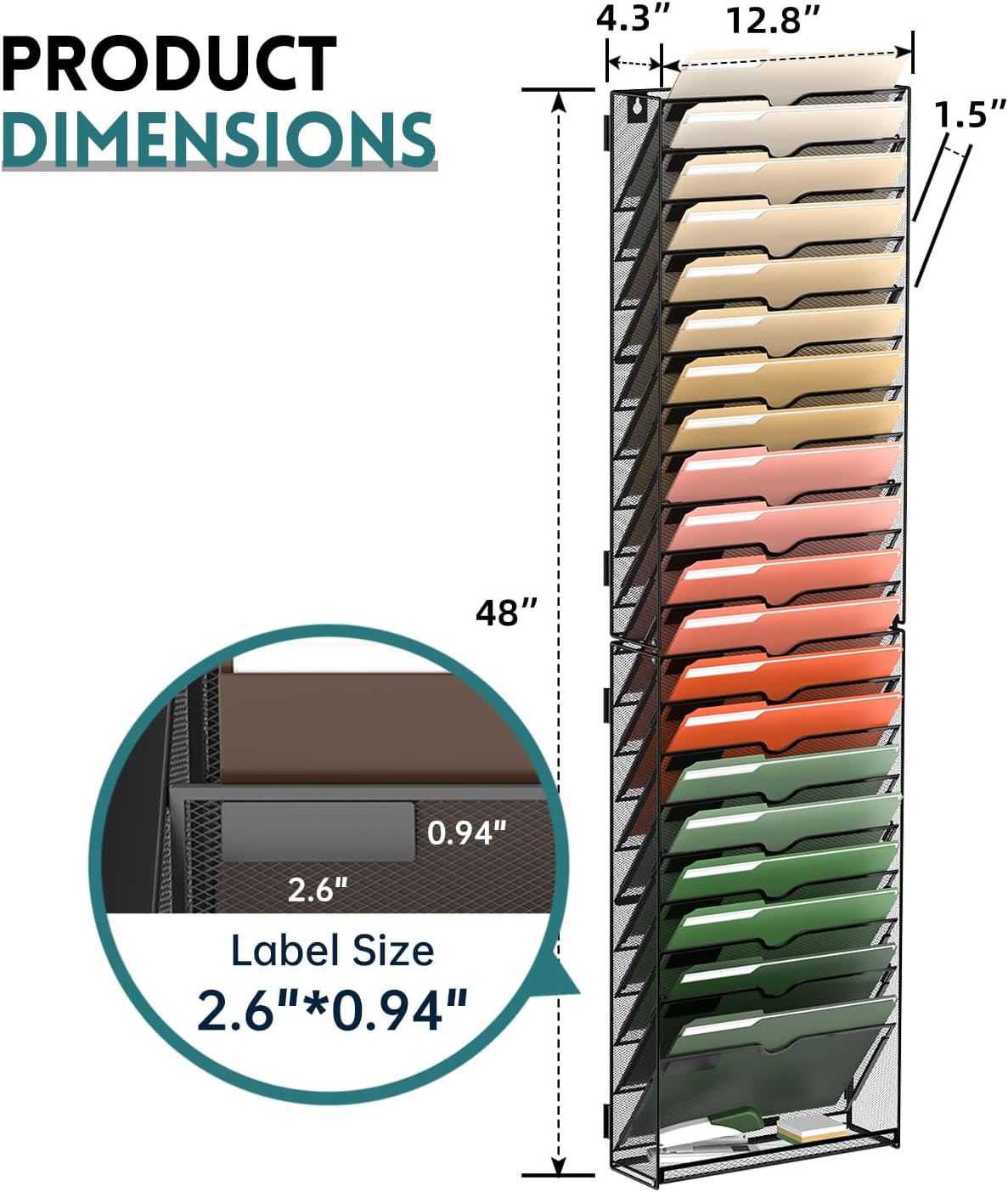 5 Tier Wall File Organizer, Hanging Wall Mounted Mail Organizer with Label Slots, Metal Mesh File Holder Magazine Rack for Office, Home, School or Classroom, Black