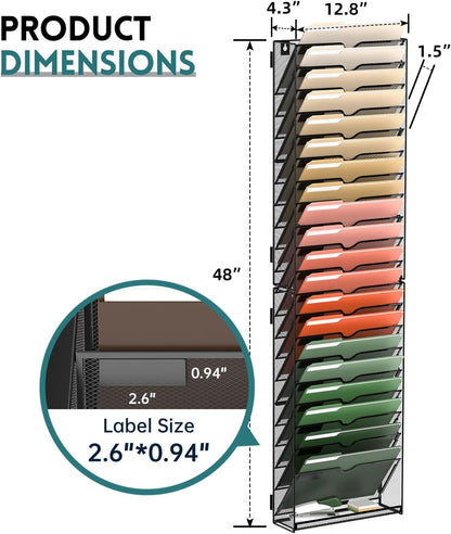 5 Tier Wall File Organizer, Hanging Wall Mounted Mail Organizer with Label Slots, Metal Mesh File Holder Magazine Rack for Office, Home, School or Classroom, Black