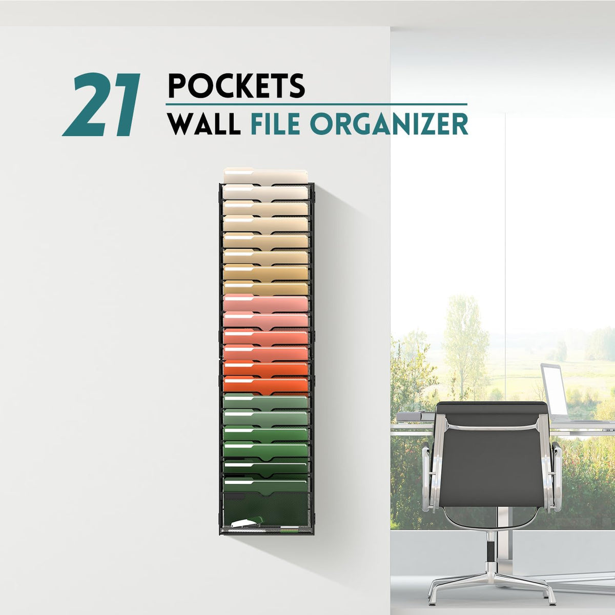 5 Tier Wall File Organizer, Hanging Wall Mounted Mail Organizer with Label Slots, Metal Mesh File Holder Magazine Rack for Office, Home, School or Classroom, Black