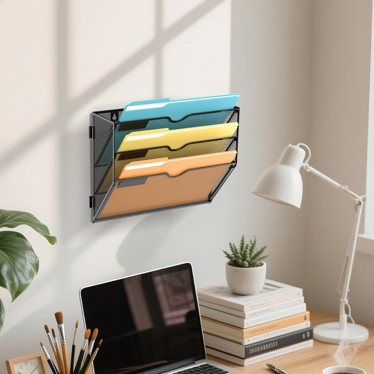5 Tier Wall File Organizer, Hanging Wall Mounted Mail Organizer with Label Slots, Metal Mesh File Holder Magazine Rack for Office, Home, School or Classroom, Black