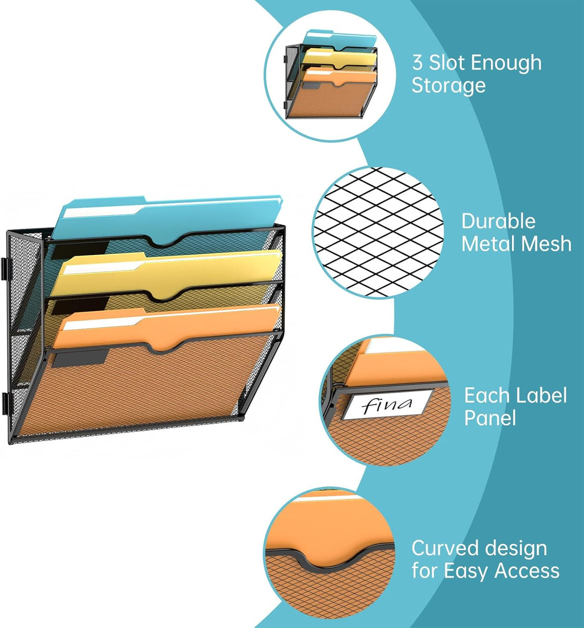 5 Tier Wall File Organizer, Hanging Wall Mounted Mail Organizer with Label Slots, Metal Mesh File Holder Magazine Rack for Office, Home, School or Classroom, Black