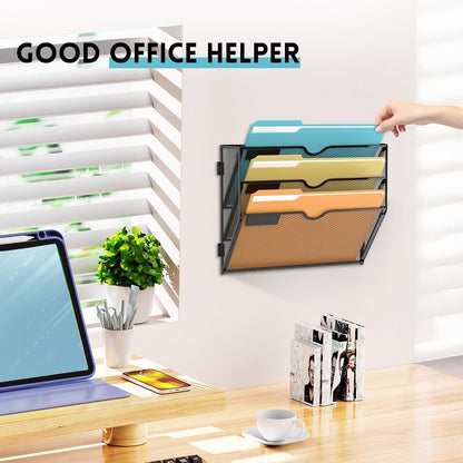 5 Tier Wall File Organizer, Hanging Wall Mounted Mail Organizer with Label Slots, Metal Mesh File Holder Magazine Rack for Office, Home, School or Classroom, Black
